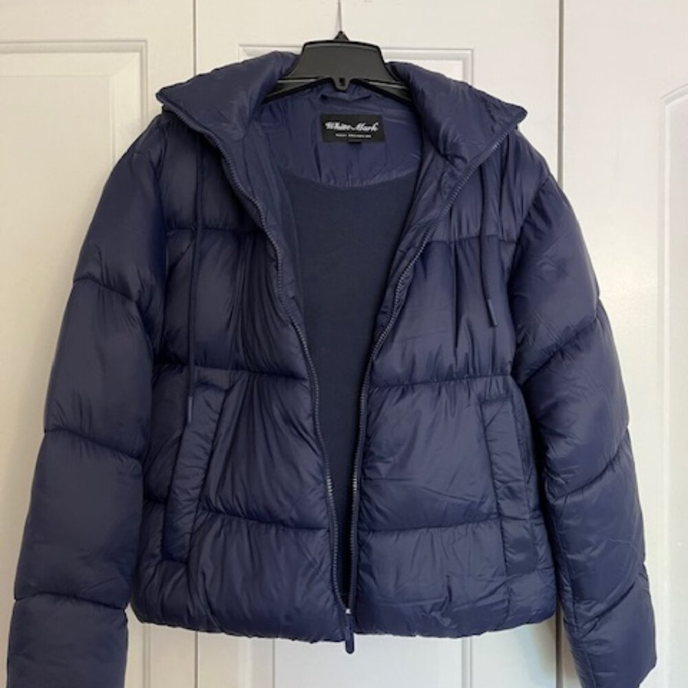 White Mark Hooded Bomber Puffer Jacket